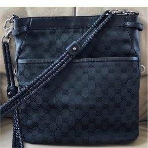 Authentic Gucci Black Monogram Canvas Leather Pocket Braided Strap Crossbody Bag
